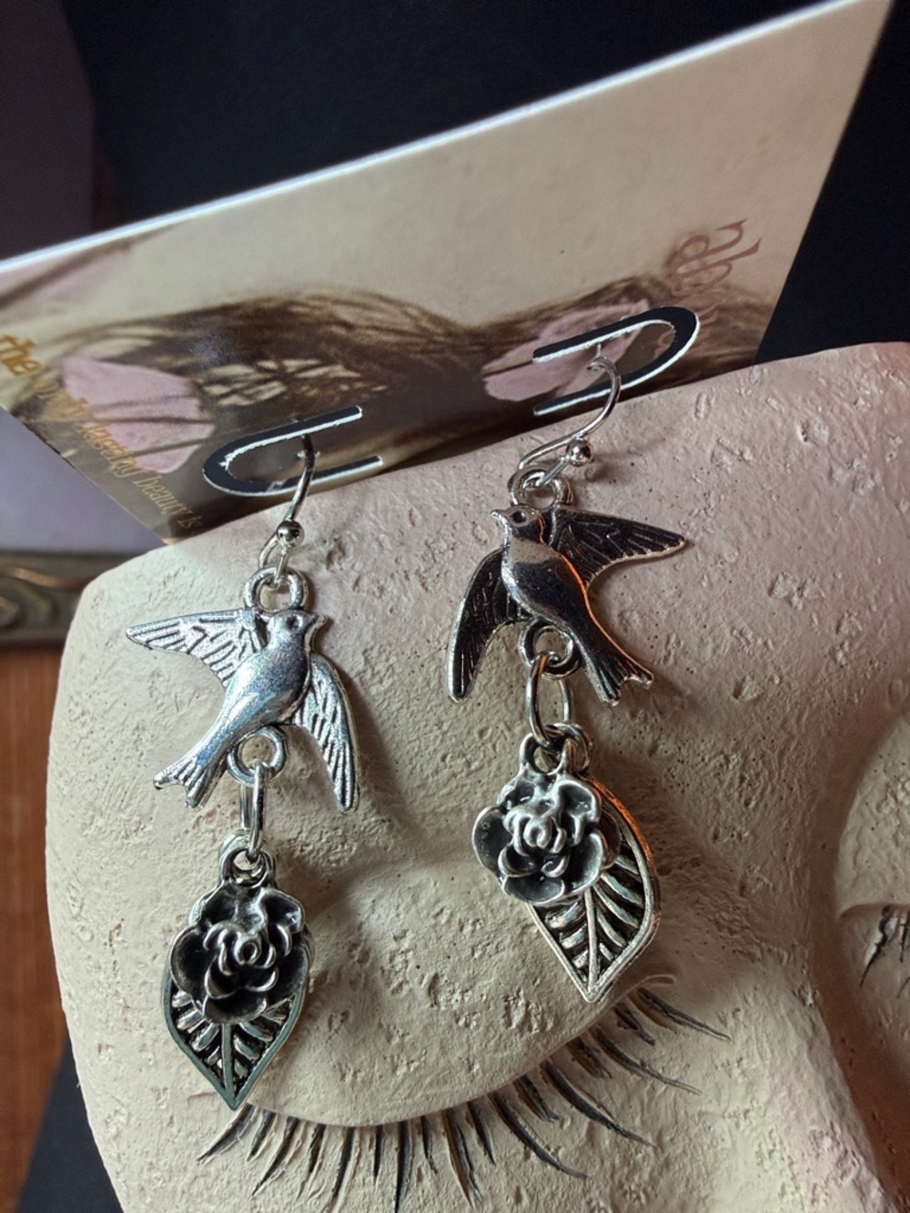 Silver Bird & Rose Dangle Earrings - Unbranded